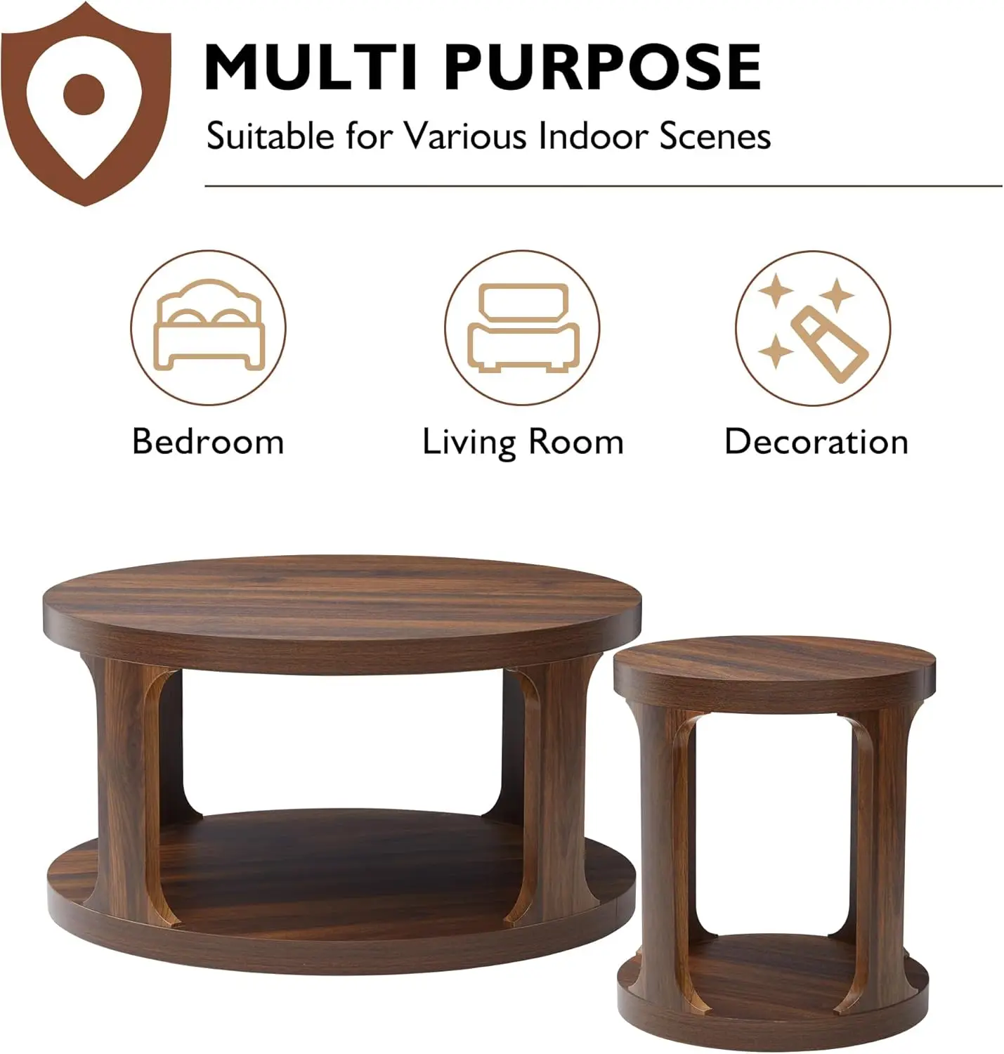 Coffee Table and End Table Set of 2, Round Coffee with 2-Tier Storage, Accent Side for Living Room (Walnut-1)