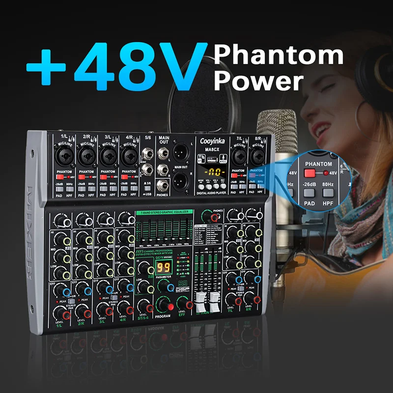 8채널 믹싱 콘솔 48V 99 DSP 이펙트 블루투스 로메호 오디오 DJ 믹서 USB PC 재생 녹음 팟캐스트 사운드 테이블