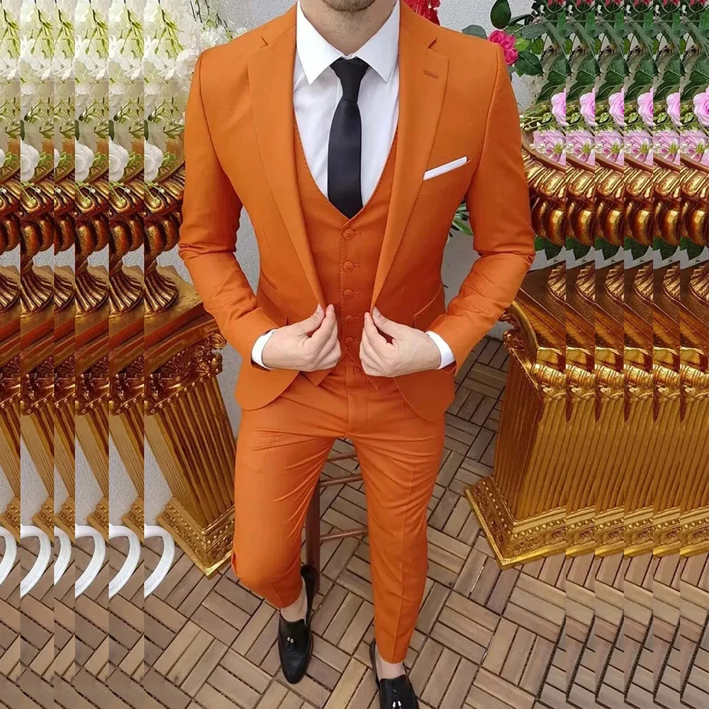 

Notch Lapel Single Breasted Flat Regular Length Bespoke Orange Solid Color Leisure Prom Party 3 Piece Jacket Pants Vest Full Set