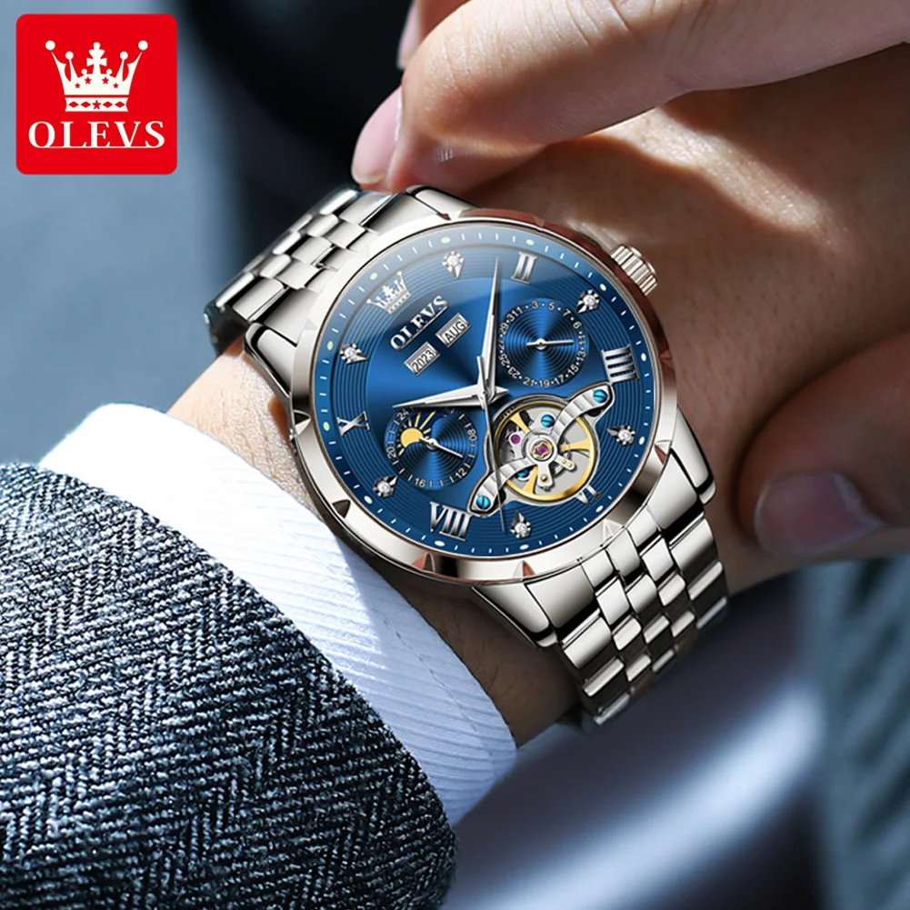 OLEVS Multifunctional  Men's Self-Wind Tourbillon Mechanical Watches Water Resistant Automatic Skeleton Watch Men Relojes