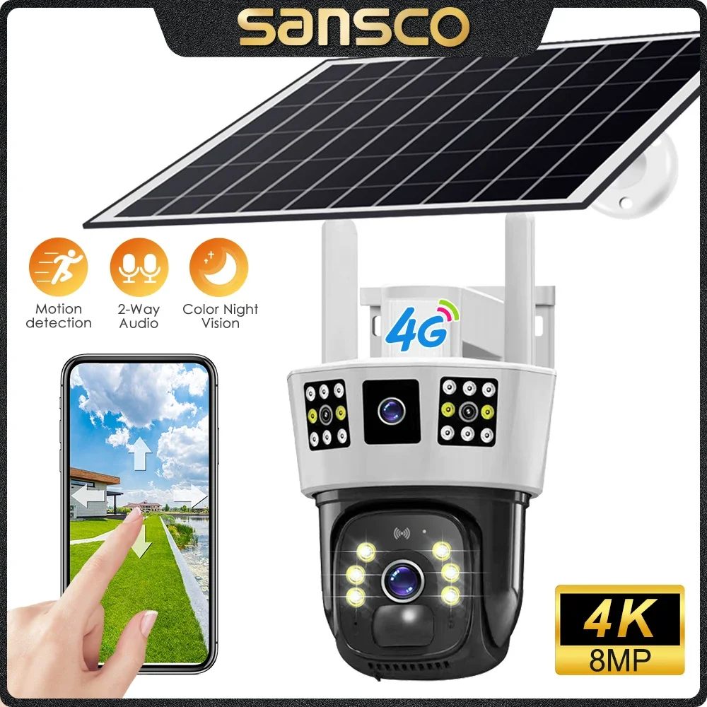 

SANSCO 4K 8MP Dual Lens 4G Solar Camera WIFI Dual Screen Battery PIR Motion Detection Outdoor 4MP PTZ Security Camera V380 PRO