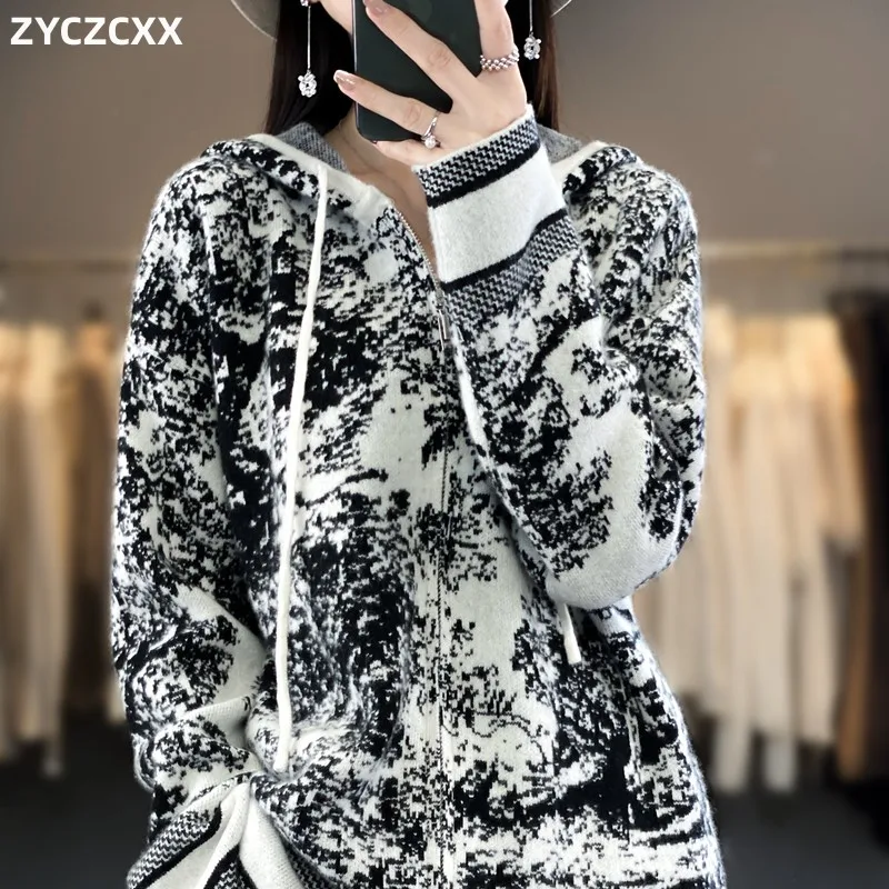 

100% Merino Wool Zipper Cardigan Women's Coat 2023 Autumn And Winter New Warm Korean Version Thickened Sweater