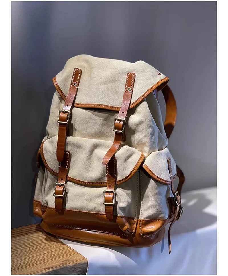 PNDME Vintage Erste Schicht Rindsleder Leinwand Große Kapazität Herren Rucksäcke Outdoor Casual Reise Designer Damen Große Schultasche – Detail 21