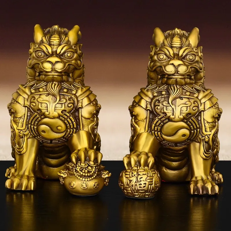 Feng Shui Brass Armor Qilin Statue, Wealth & Fortune Mythical Creature, Chinese Traditional Ornament for Home Office Desk Decor