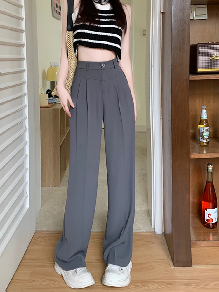 Pendant Grey Suit Pants For Women Summer Korean Version 2023 New High Waist Wide Leg Casual Pants Straight Leg Pants