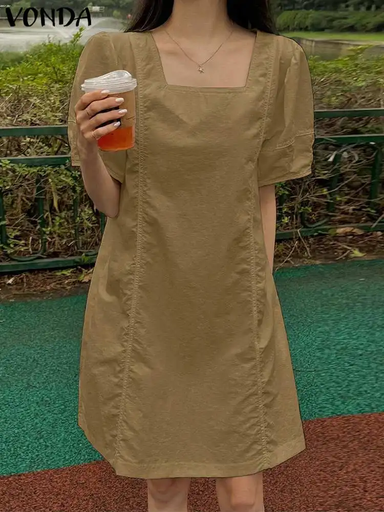 

Модное женское платье VONDA 2024, сарафан с коротким пышным рукавом, Повседневное платье с квадратным вырезом, богемное пляжное платье, женское мешковатое платье