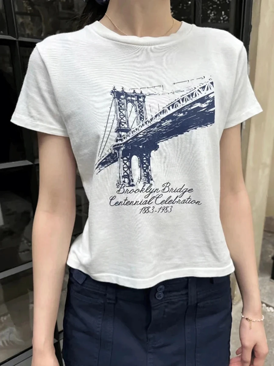 

Harajuku Bridge Print White T-shirts Women Summer Casual Cotton O-neck American Short Sleeve Tees Vintage Chic Simple Tops Y2K