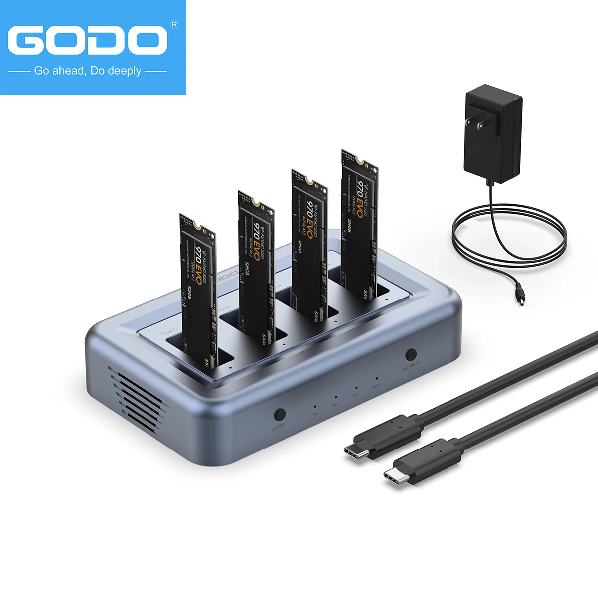 HDD Docking Station GODO NVMe/SATA M.2 Duplicator Dual-Bay Offline Clone USB C to NVME/SATA Docking Station For M2 SSD M Key and B+M Key Hard Drives