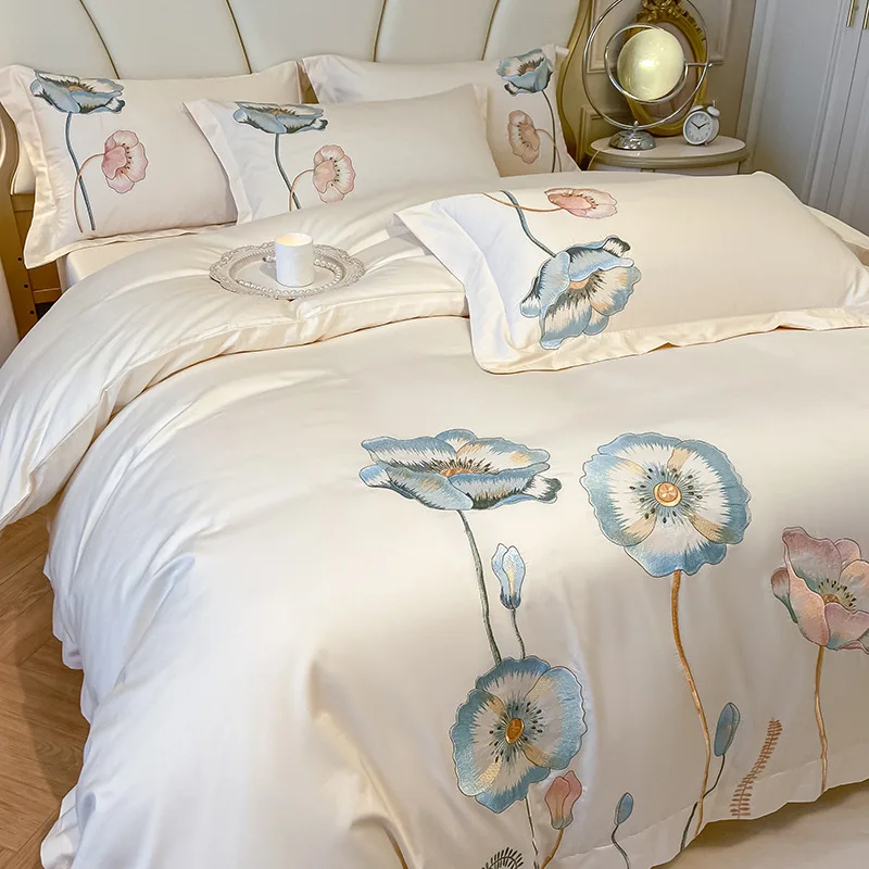 

Egyptian Cotton Bedding Set Luxury Embroidery Double Duvet Cover Pure Cotton Flat or Fitted Bed Sheets and Pillowcases Bed Set