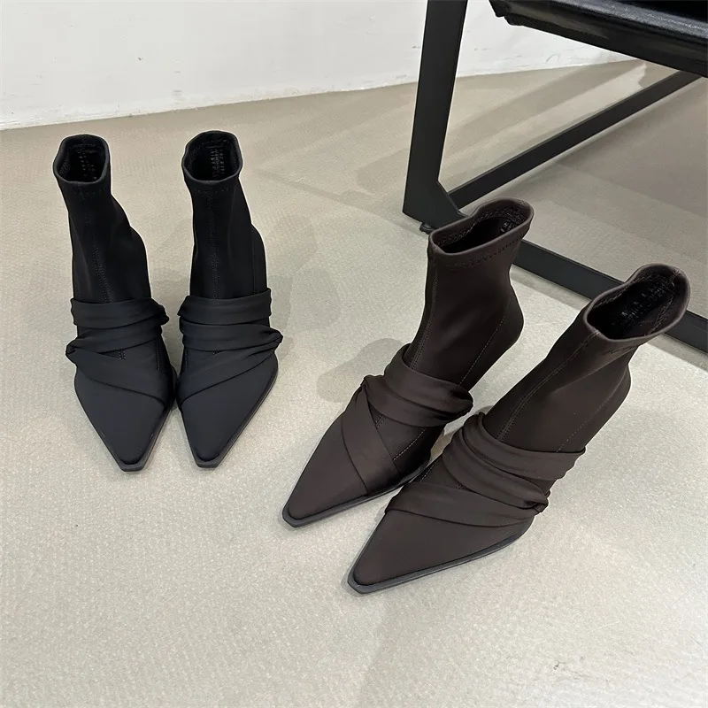 

Med Heel Boots Pointe Shoes Boots-Women Winter Footwear Pointy Rubber Autumn High Heel Ankle 2023 PU Slip-On Rome Solid Pointed