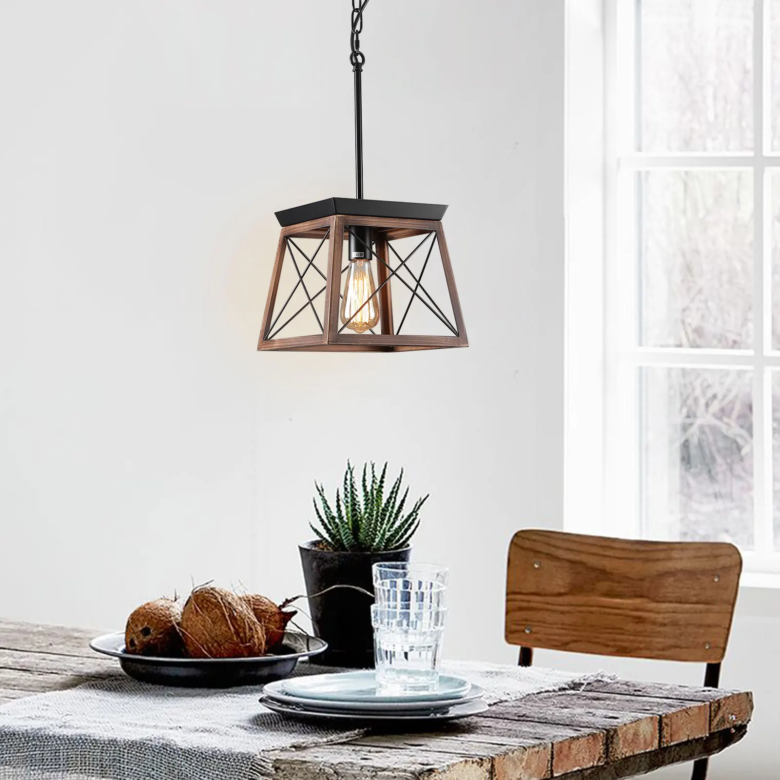 

Rustic Metal Geometric Cage Design Pendant Light Kitchen Island Hanging Lamp Adjustable Iron Framework Chandelier for Farmhouse