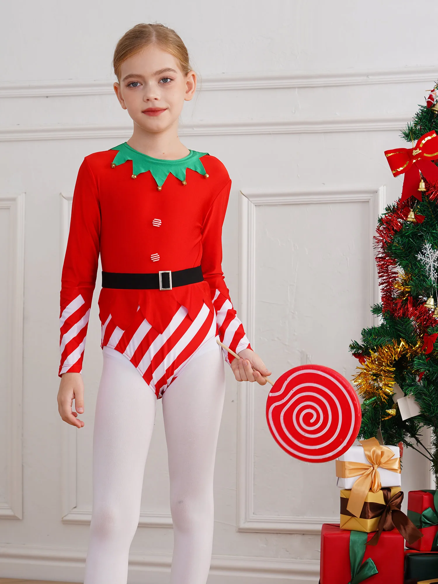Kinder Mädchen Weihnachten Elf Santa Kostüm Langarm Streifen Gymnastik Trikot Ballett Tanz Overall Weihnachten Neujahr Party Tanz kleidung – Detail 3