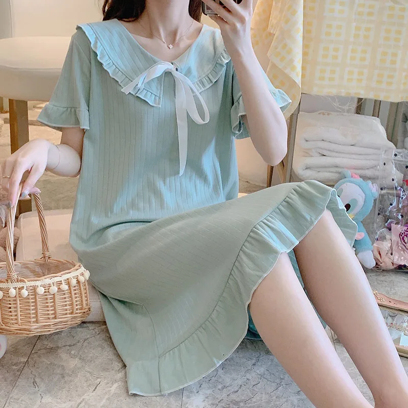 Sanderala Cotton Women Cute Nightdress Ruffle Sleepwear Plue Size Ladies Lingerie Nightdress Soft Thin Female Underwear Night