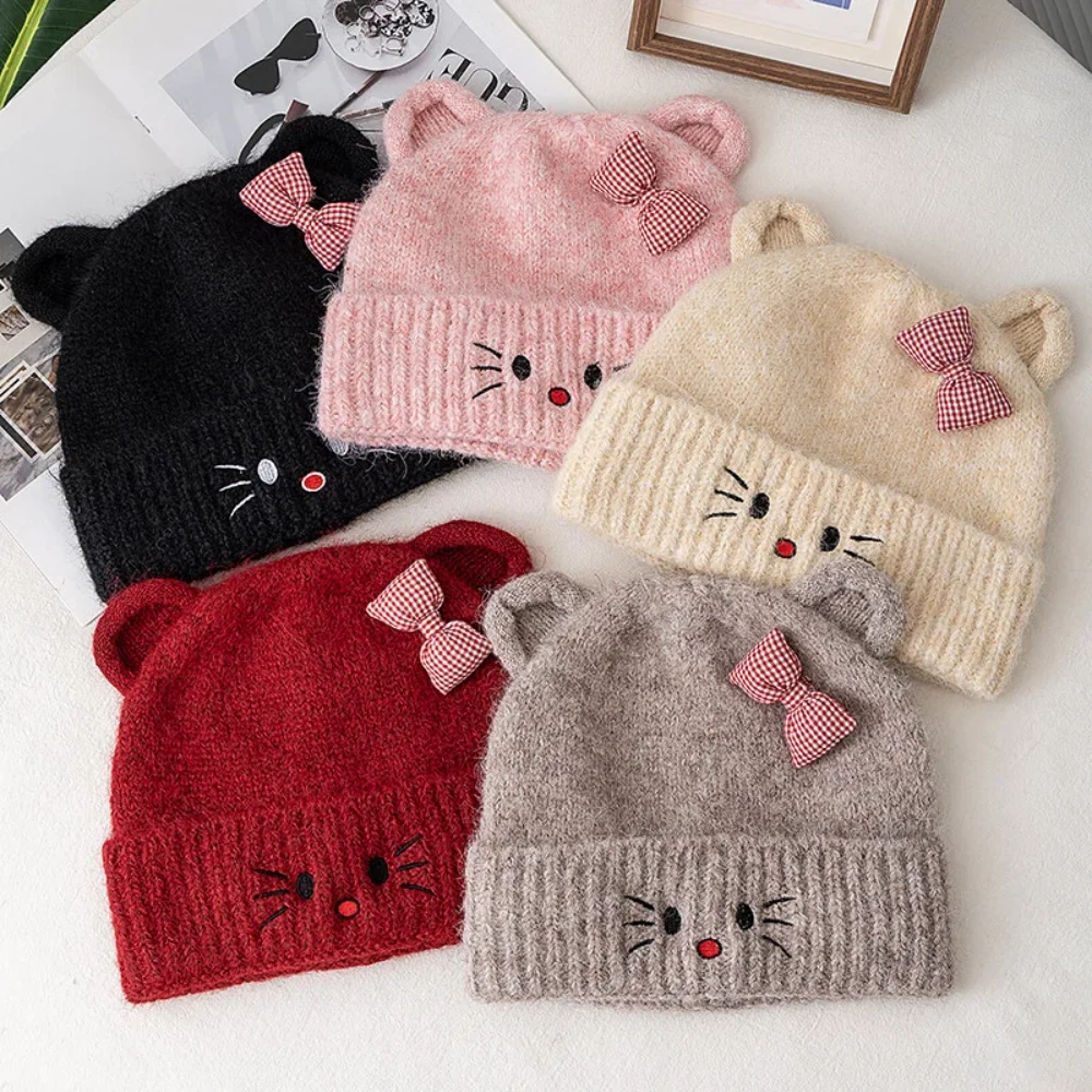 Hot Sale Women Loose Beanie Hat With Cute Cat Ear Lovely Bow Style Winter Knitted Hats For Female Streetwear Winter Hat