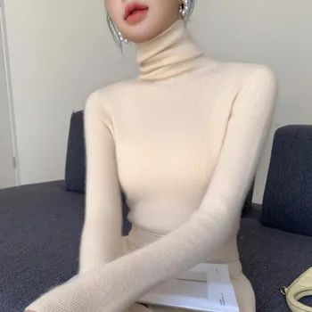 عادية الصلبة ضئيلة سترة المرأة كم طويل بلوفر مغزول 2025 الخريف الشتاء الياقة المدورة الدافئة البلوز طبقة قاعدة بسيطة 6