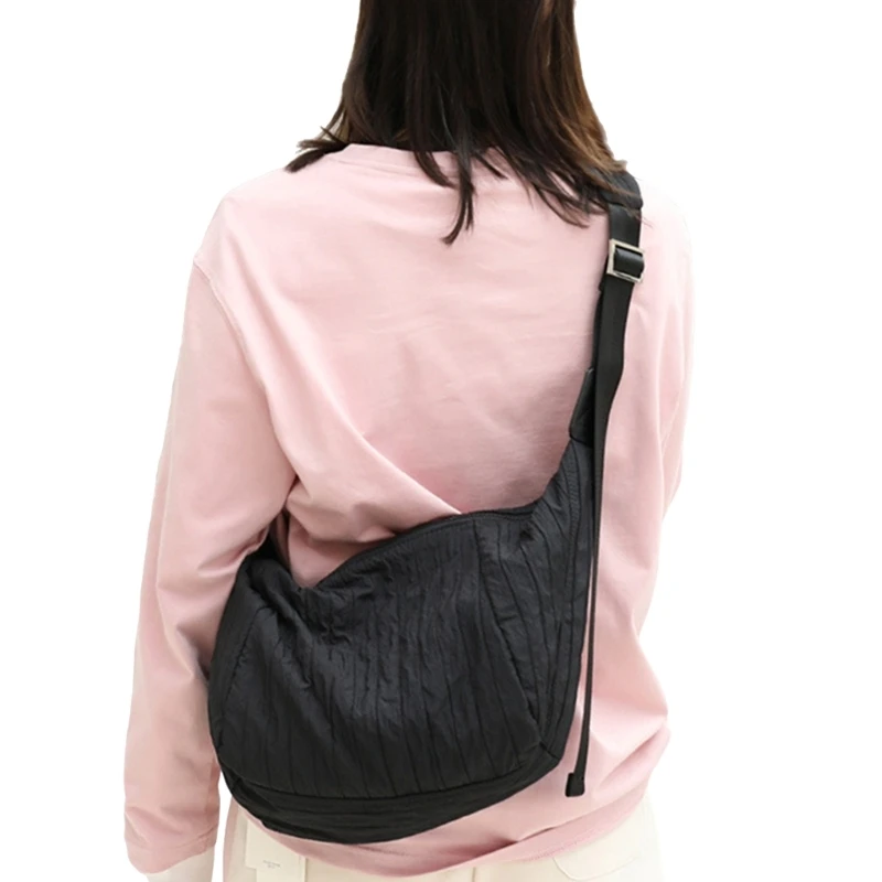 Canvas Pleated Shoulder Bag Casual Travel Large Capacity Zippered Crossbody Bag