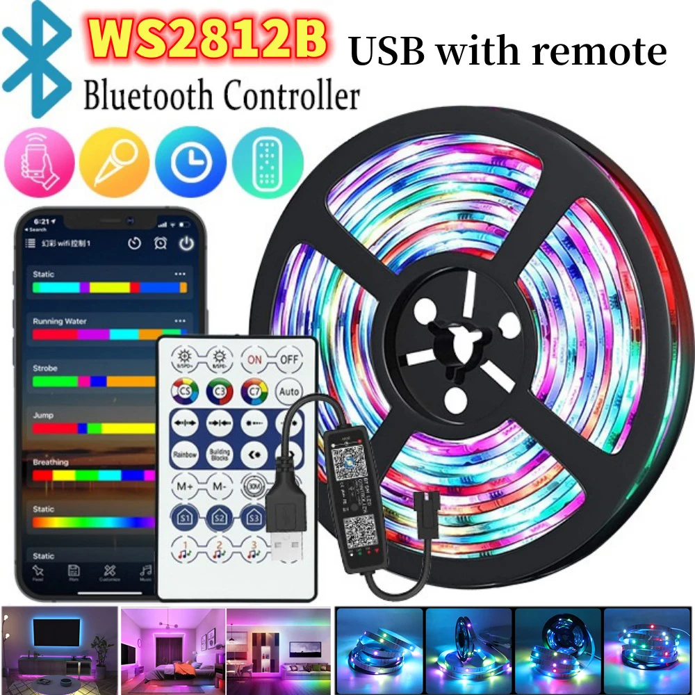 5V Cor Mágica USB LED Faixa Luzes RGB Flash Cor Mudando WS2812B Flex Fita Endereçável Desktop Atmosfera LED Light Strip