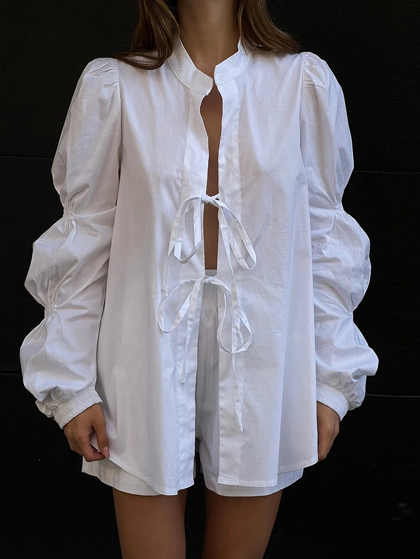 Marthaqiqi Cotton Fashion Ladies Nightgown Suit Long Sleeve Nightwear Lace Up Pajama Sexy O-Neck Nightie Shorts Women Pijama Set