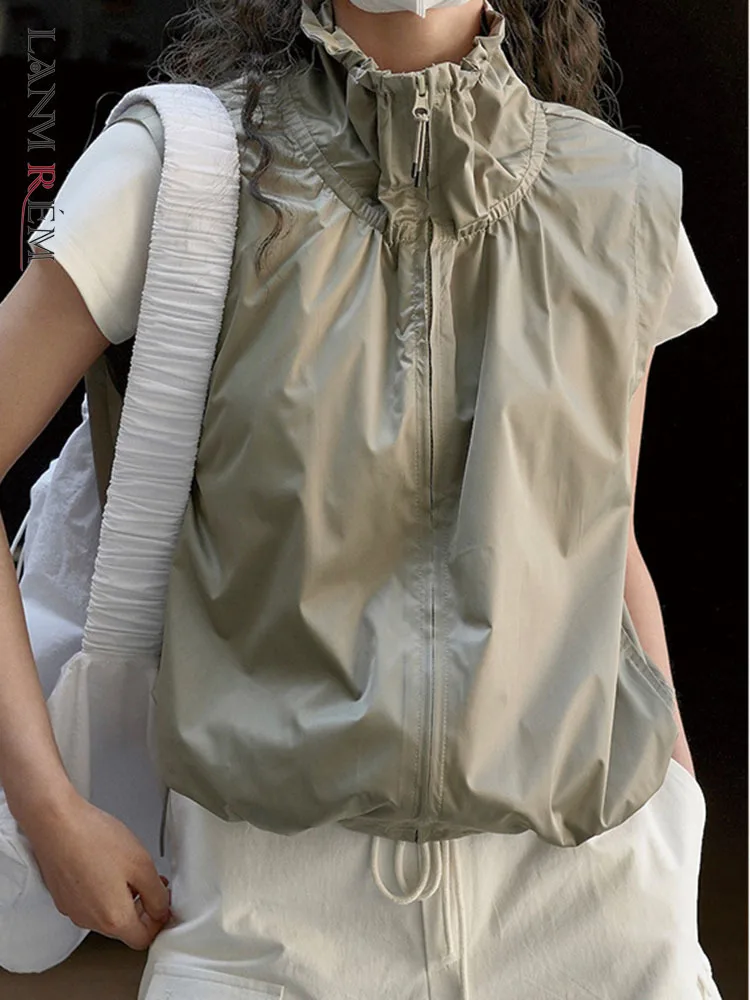 

LANMREM Designer Vest Coat For Women Zipper Sleeveless Solid Color Drawstring Coats Female Clothing 2024 Summer New 2YA1720