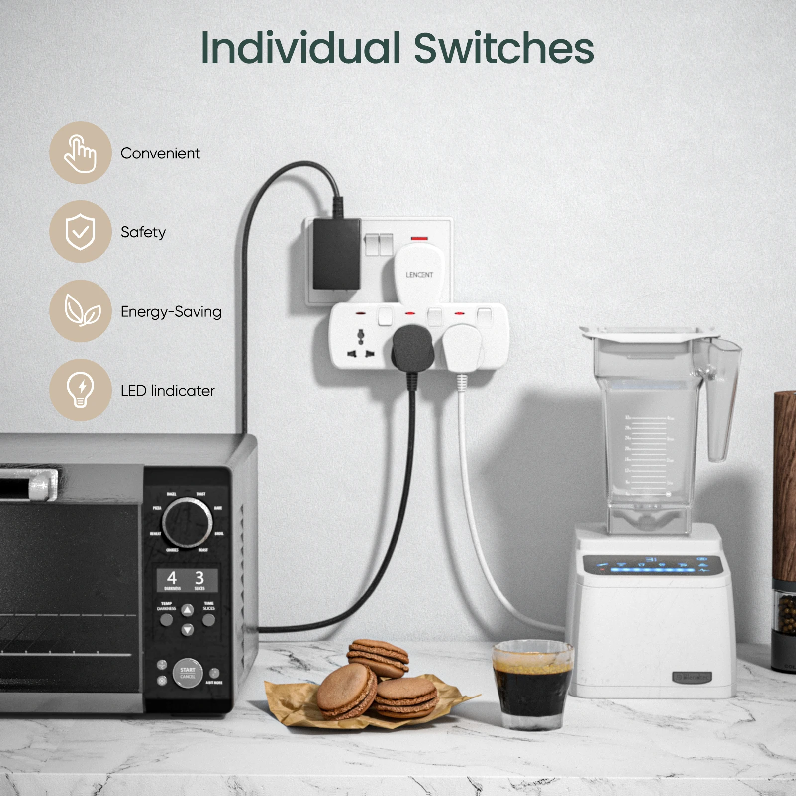 Power Strip Electrical Socket Extension Socket 3 Universal AC Outlets 13A 3250W with Switch for Home Office