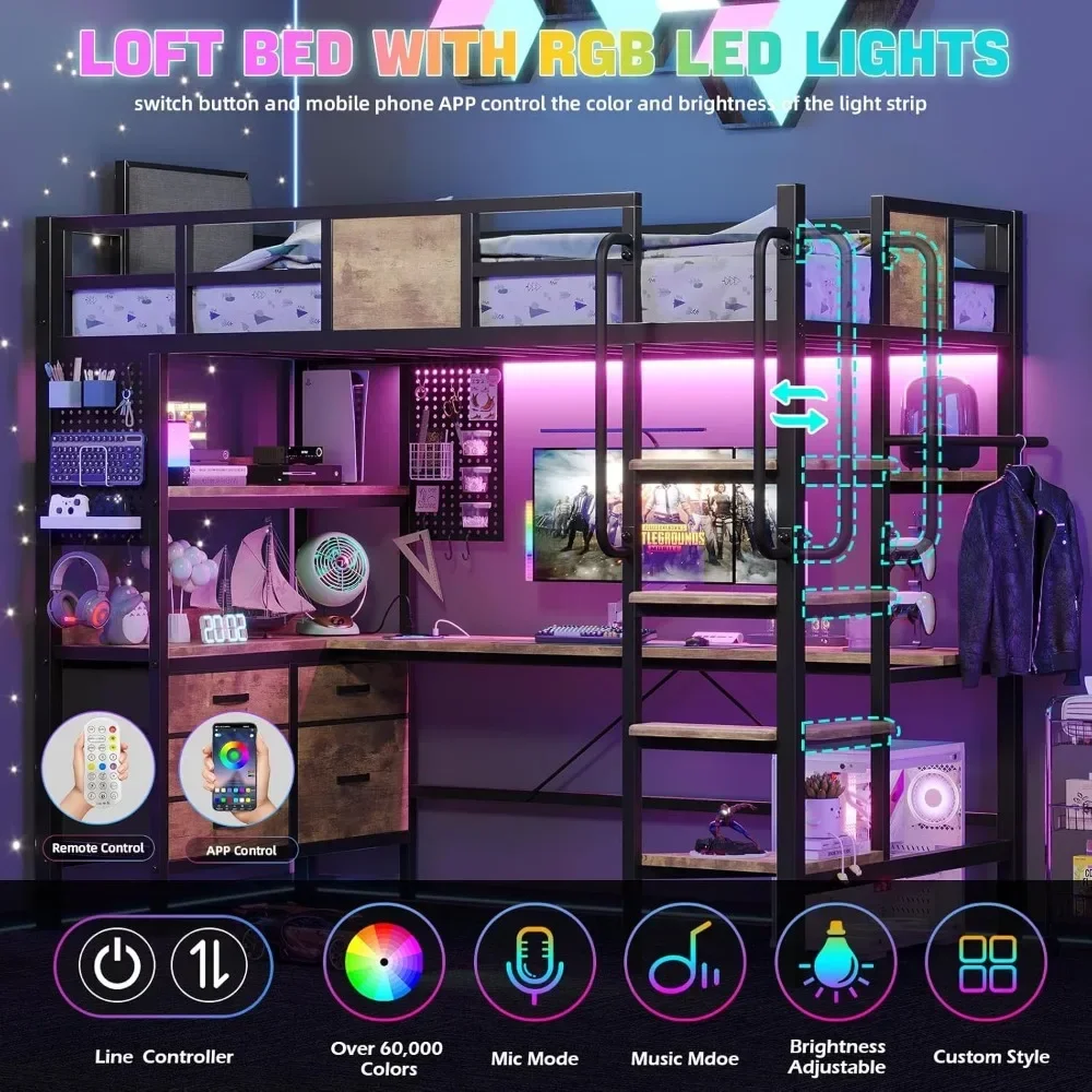 Loft Bed Twin Size with L Shaped Desk and Storage, Charging Station 5 Drawer 2 Pegboards Clothes Rack, Metal Bunk Loft Bed Frame 6