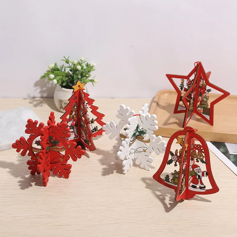 

Christmas Ornament Supplies Color Assembled Wood Piece Painted Old Snowflake Tree Five-Star Bell Christmas Decorations