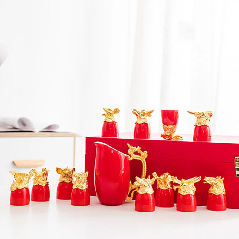 Ceramic Wine Glass Set for Home Decor, Traditional Red, Wedding Party, Household, Newlywed Supplies