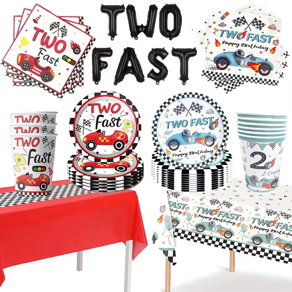 Boy Two Fast Birthday Party Supplies Disposable Party Tableware Plate Napkins Cups Tablecloth 2 Years Old Racing Car Party Decor