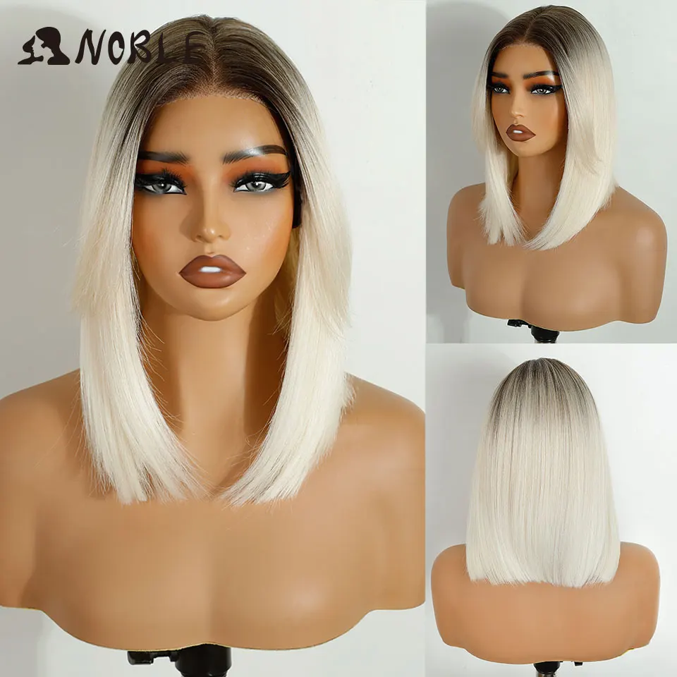 Noble Synthetic Lace Front Wigs For Women 12 Inch Cosplay Short Bob Lace Wig With Bangs Pre Plucked Pre-Cut White Lace Wig