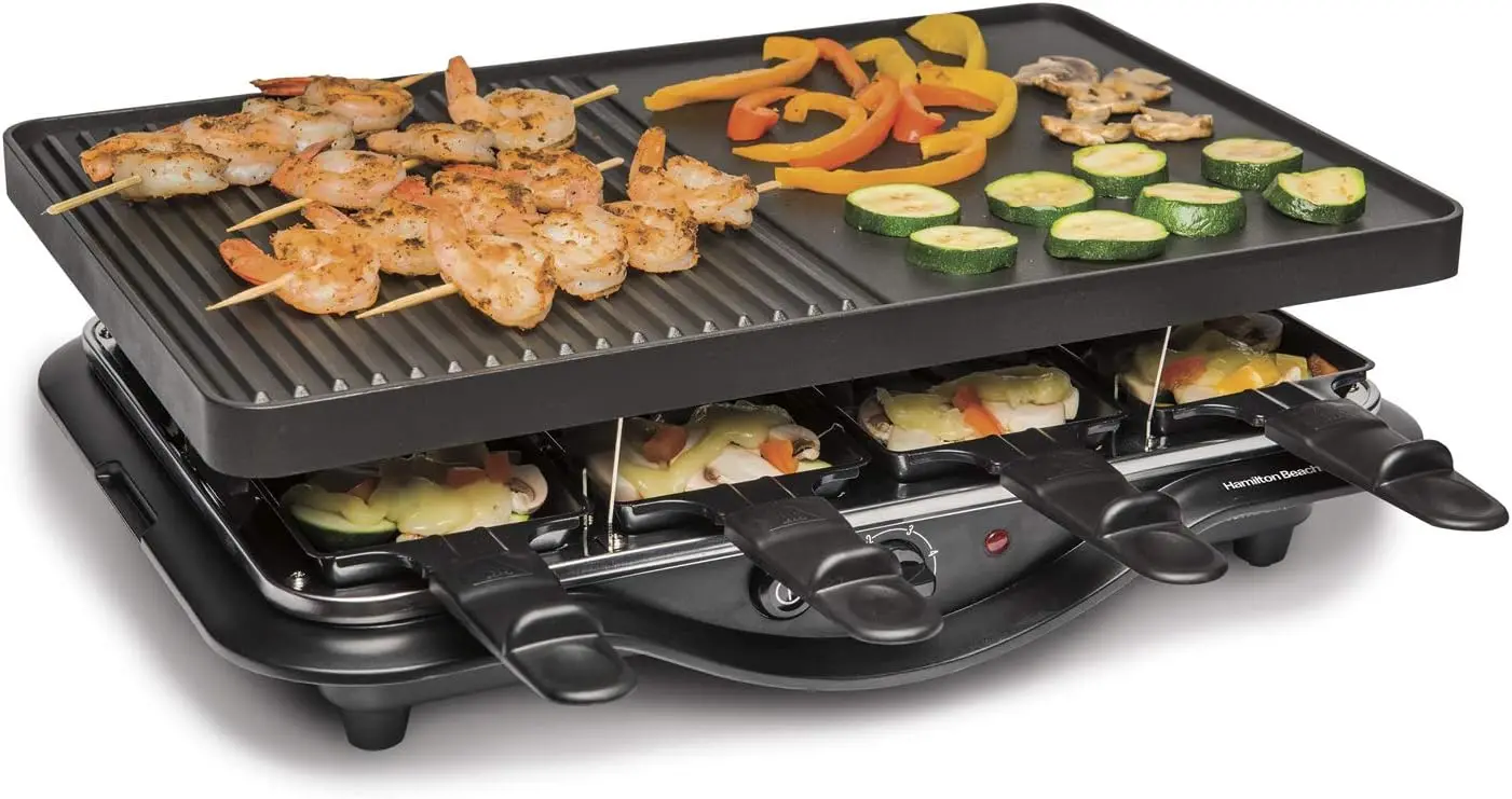 

Electric Indoor Raclette Table Grill,200 sq.in.Nonstick Griddle Serves up to 8People Includes 8 Warming Trays