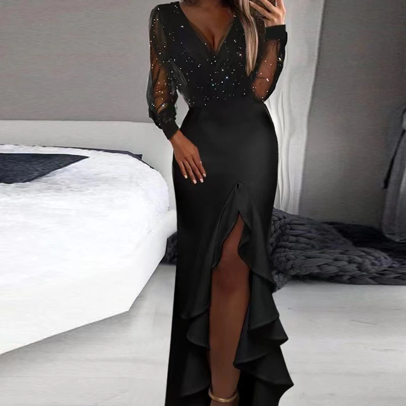 

2023 New Elegant Women Banquet Wrap Hip Dress with Black Temperament Art Long Sleeve Irregular Ruffle Mesh Sequin Evening Dress