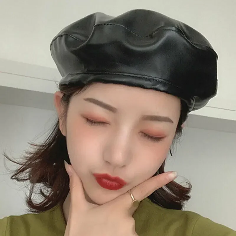 Beret Hat Woolen Beret Fashion Solid Color Beret Women Vintage PU Leather Berets Hats Autumn Winter Lady Elegant Octagonal Cap Caps Panama Hat