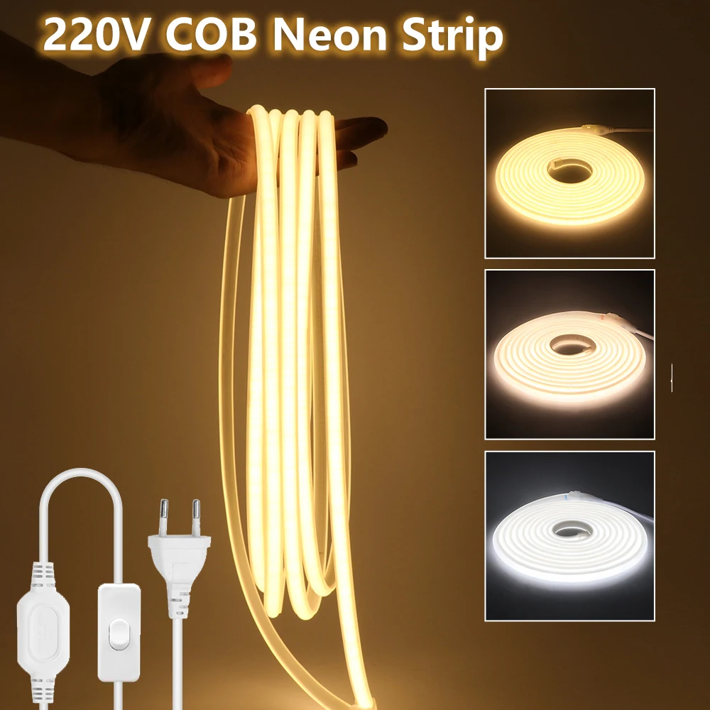 220V COB LED Strip Neon Light High Bright 288LEDs/m Flexible LED Tape Silicone Tube Waterproof Silica Gel Soft Lamp Neon Rope