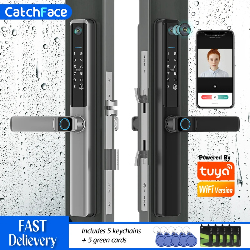 Waterproof Camera Outdoor Fingerprint TUYA WIFI APP RFID Card Code Keyless Smart Electronic Door Lock Aluminum/Glass Sliding