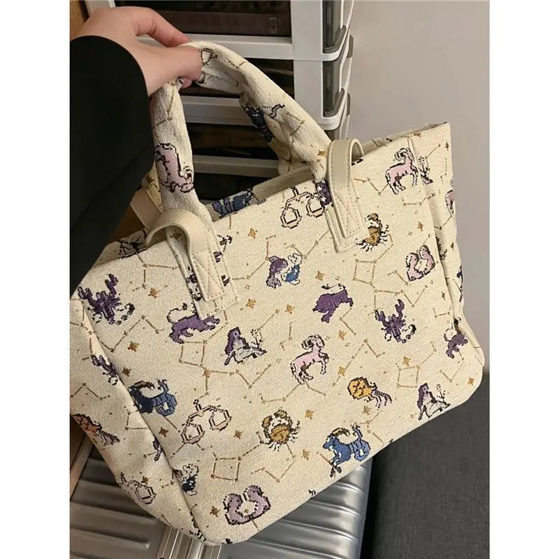 JIAERDI Harajuku Large Capacity Tote Bag Women 12 Constellation Pattern Casual Beige Shoulder Bag Student Vintage Handbag Y2k