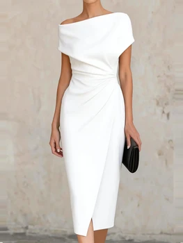 Abito Midi Elegante Monospalla da Donna 2026 per il Lavoro, Vestito Estivo Casual a Vita Alta Tinta Unita, Abito da Festa alla Moda Drappeggiato Slim Aderente