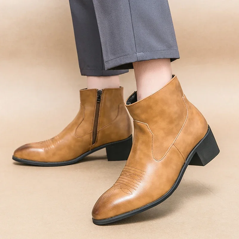 Men Western Boots Cowboy Zipper Ankle Boots Business Handmade Size 38-46 men western boots