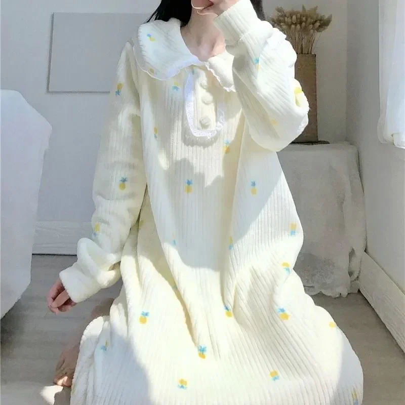 

Piece Long Nightgown Dress Pineapple Lace Pajamas Nightwear One Sleepwear New in Sleeve 2023 Fleece Women Warm Home Night Winter