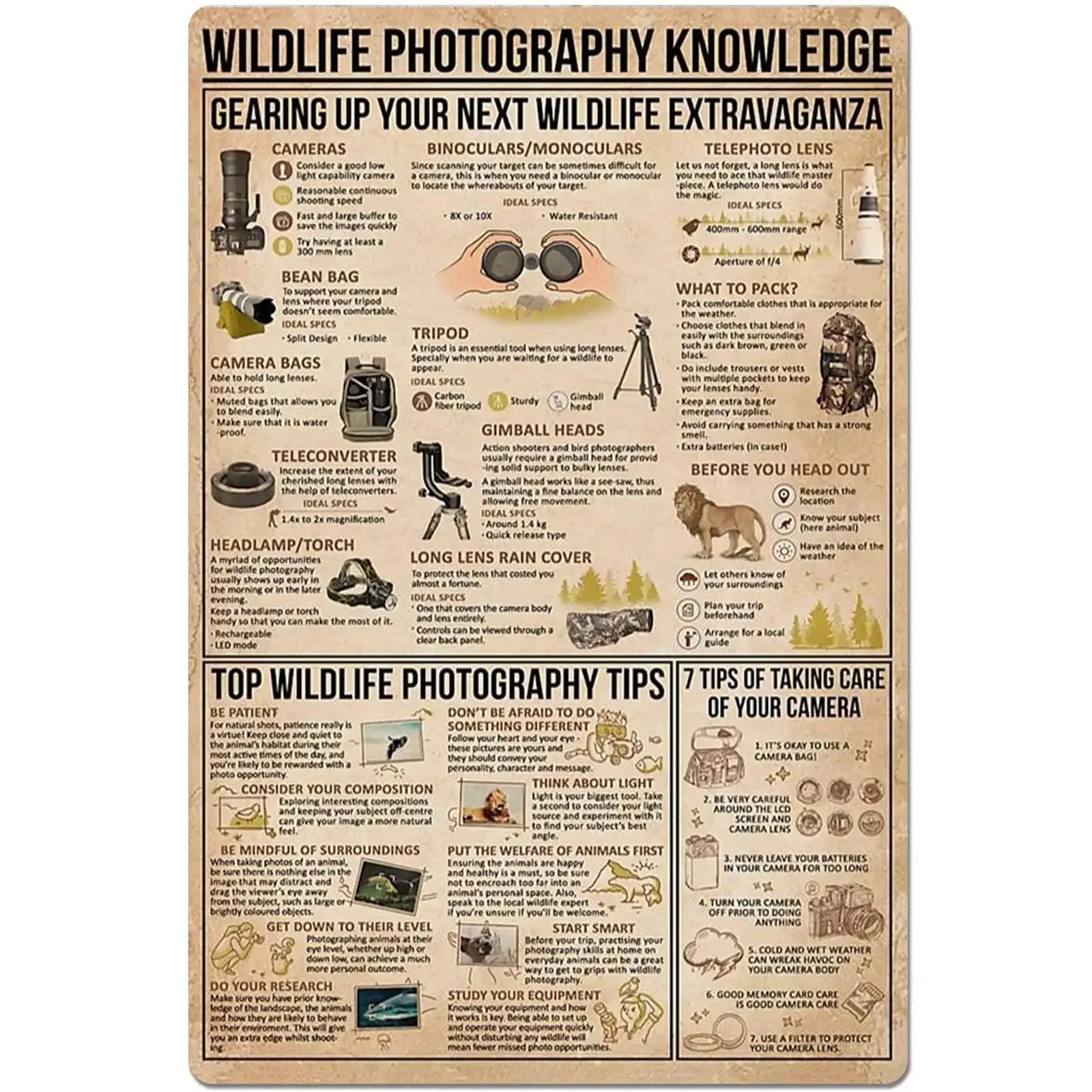 

Photography Skills Metal Tin Sign Wildlife Photography Knowledge Poster Beginner Infographic School Education Club Home Bedroom