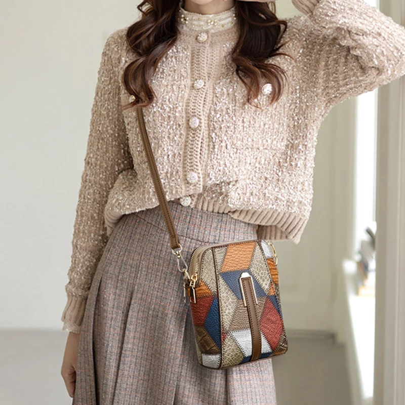 PU Leather Women Shoulder Bag Multi Zipper Soft Cowhide Girls Small Mobile Phone bag Color Stitching Crossbody Bag