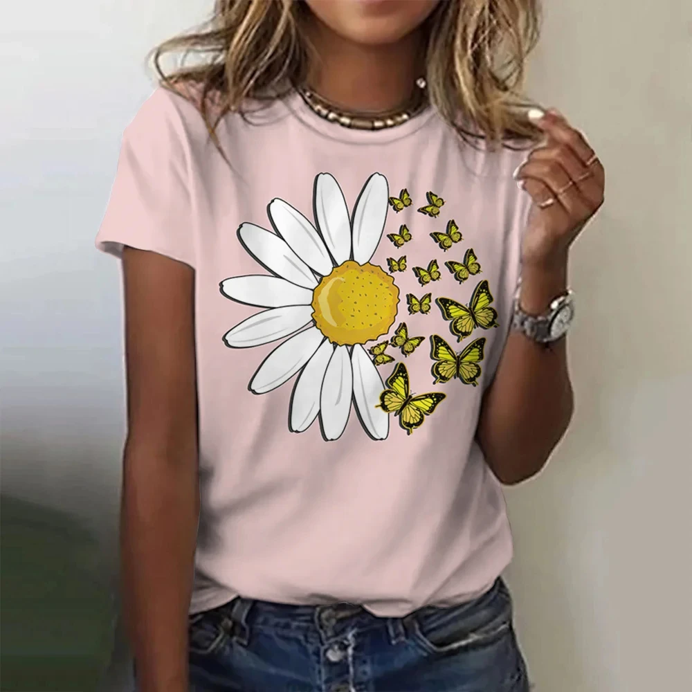 

2024 Refreshing Summer Fashionable Women's Clothing Daisy Pattern T-Shirt 3d Printed Round Neck Sports Casual Short Sleeved Top