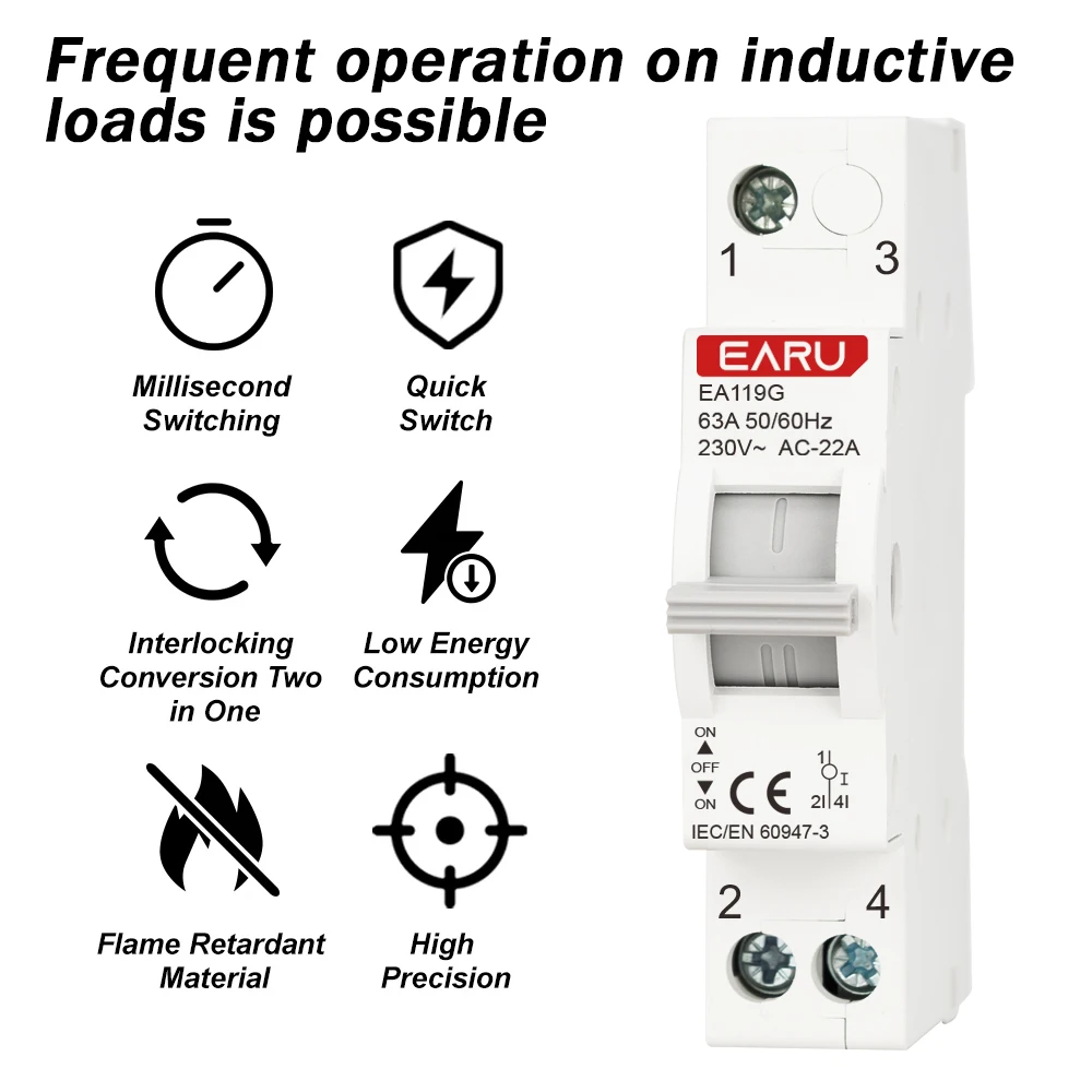 1P 40A 63A AC230V 50/60Hz Din Rail Modular MTS Dual Power Manual Transfer Switch Isolating Discounnecting Switch Circuit Breaker