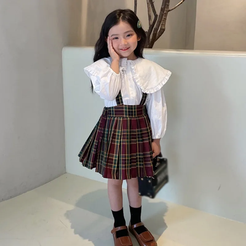 Autumn Girls Blouse Doll Collar Turn-down Shirt Fashion Children Tees Cotton Tops Long Sleeve Kid Clothing +plaid Overall skirt