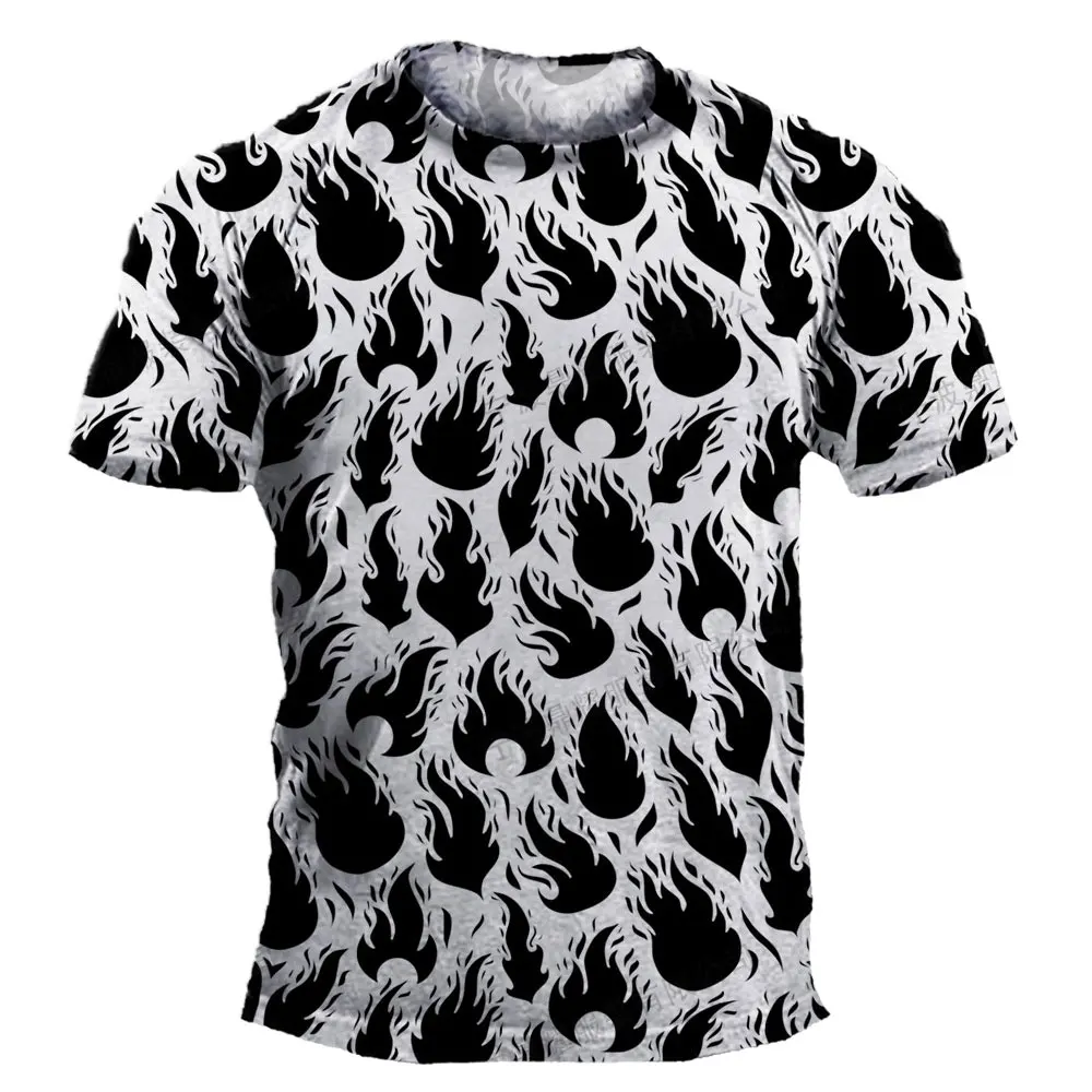 

O-neck black and white T-shirt for men and women 3D flame printed short sleeved casual oversized clothing hip-hop fashion Tee