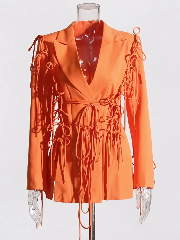 KBQ Spliced Bow Temperament Blazer For Women Notched Collar Long Sleeve Hollow Out Solid Tunic Blazers Female Fashion Style New