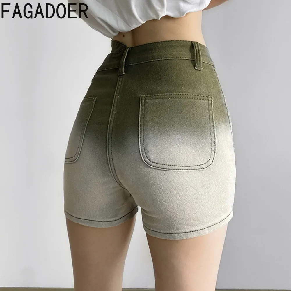 FAGADOER Fashion Gradient Print Denim Shorts Women High Waist Button Skinny Jean Spring New Female Solid Matching Cowboy Bottoms