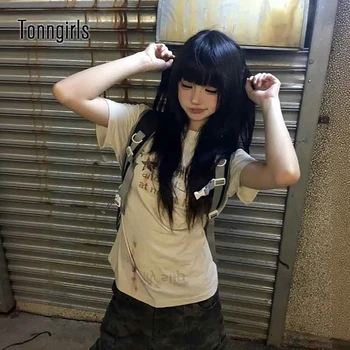 Tonngirls Y2k Japanese Print T-shirt Women Short Sleeve Cotton Graphic Tops Streetwear Aesthetic 2000s Grunge Tops Casual Tshirt 1