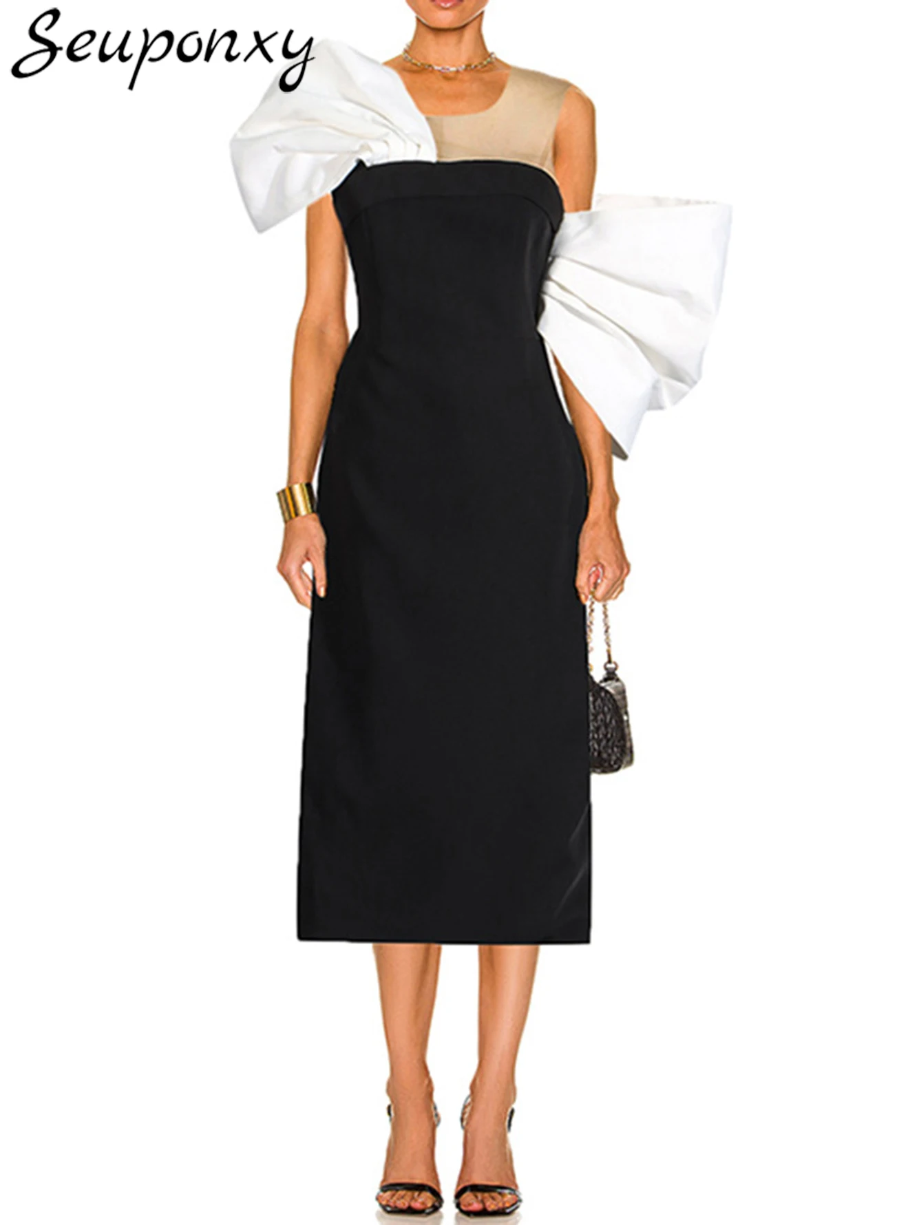 

Женское платье-миди с открытыми плечами, черное Сетчатое платье составного кроя с открытой спиной и большим бантом, платье для вечеринки на день рождения, 2024