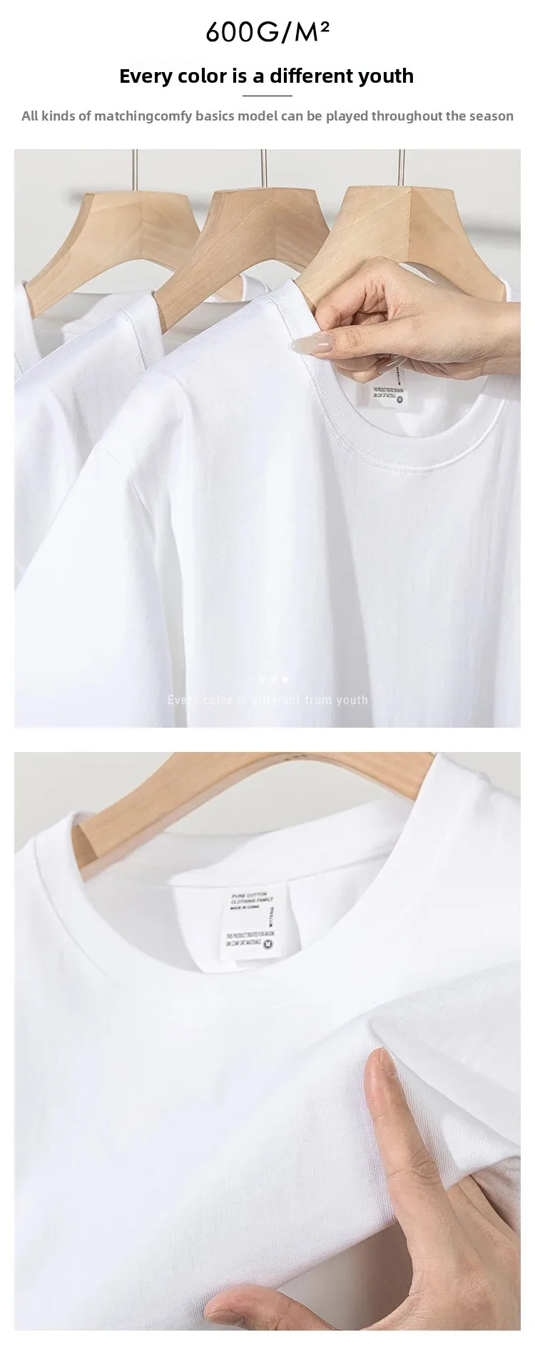 2026 Sommer 600G Schweres Khaki Baumwoll-T-Shirt für Herren im minimalistischen Stil – Lockeres, lässiges Kurzarm-Oberteil / Basic-Shirt – Detail 3