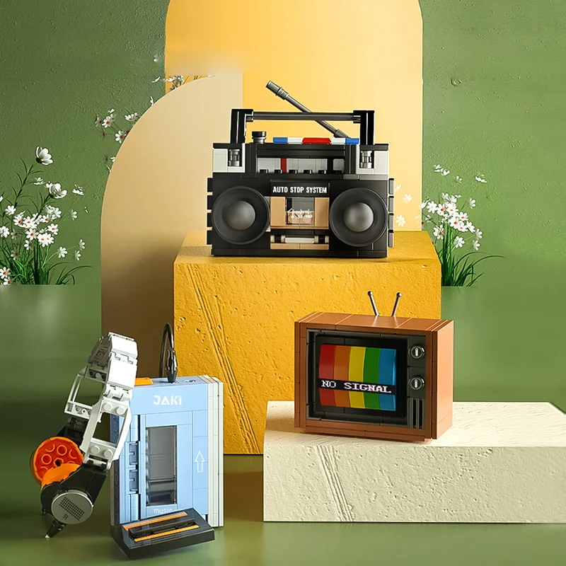 Creativo Retro Computer Tape Walkman Recorder Build Block Televisione Macchina Da Scrivere Cassetta Videogioco Modello Di Macchina Giocattoli In Matto